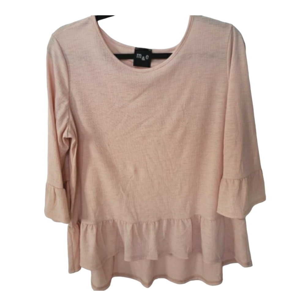 Lightweight pink peach 3/4 sleeve women's flowy ruffle top, size L, m & e brand